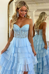 Coral Prom Dress A Line Tiered Chiffon Long Evening Dress with Lace