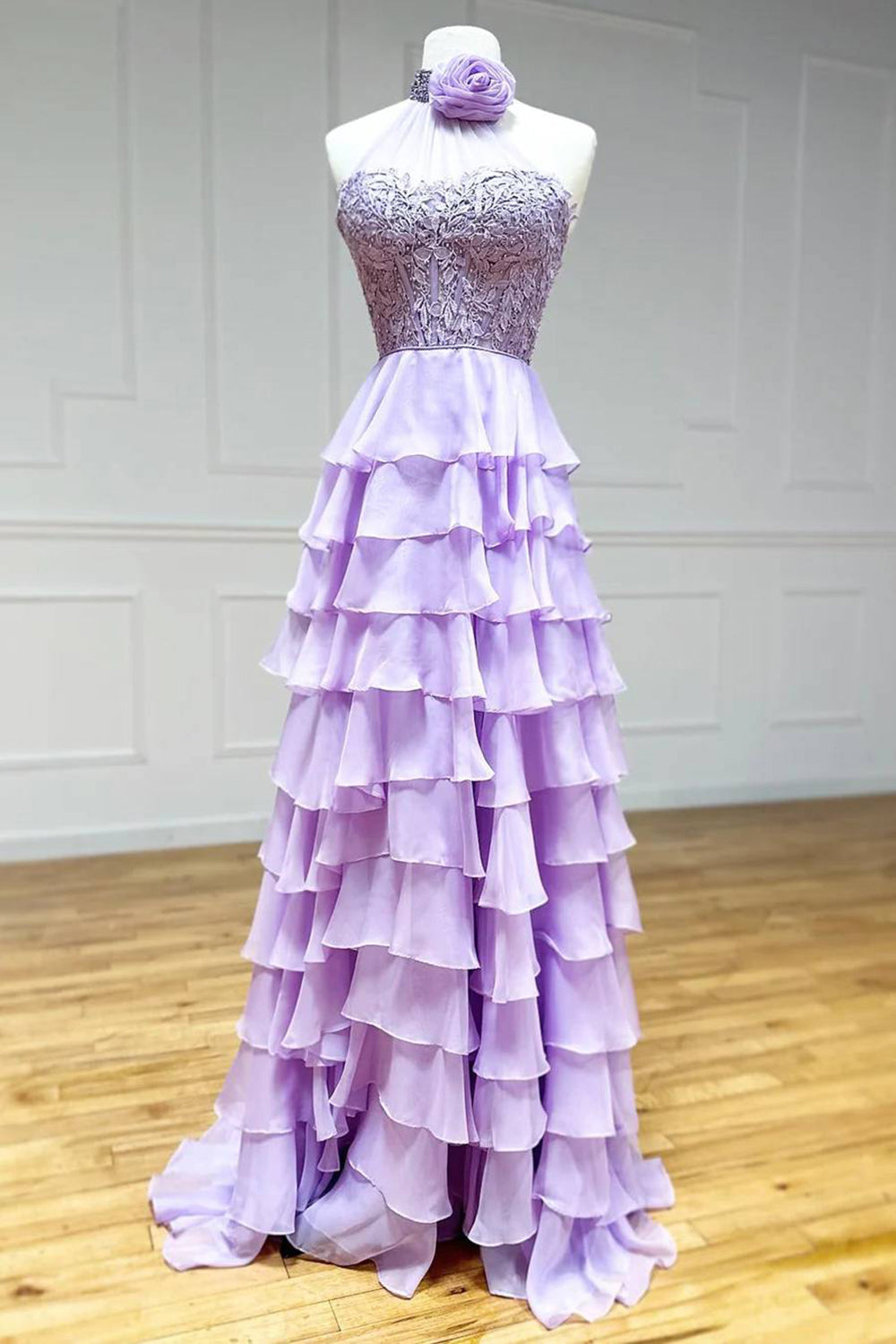 Coral Prom Dress A Line Tiered Chiffon Long Evening Dress with Lace