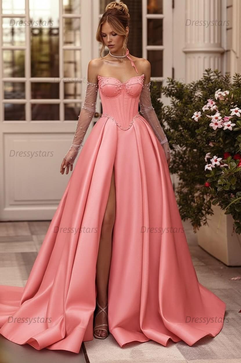 Lilac Prom Dress Beaded A Line Sweetheart Corset Evening Dress with Slit