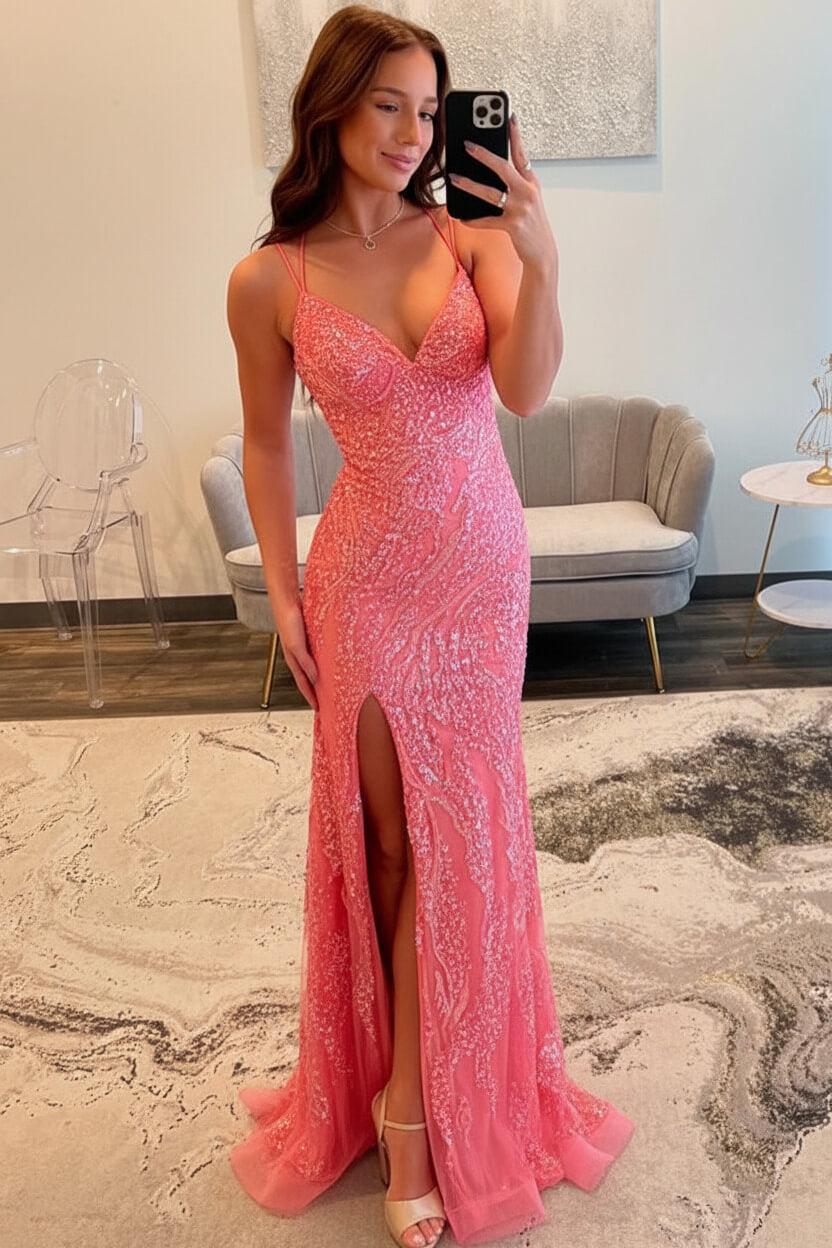 Dressystars Silver Sequin Spaghetti Strap Mermaid Slit Prom Dress With Crisscross Lace-Up Back Formal Evening Gown