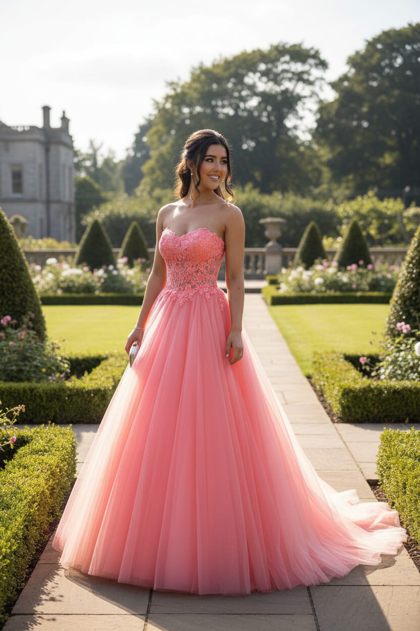 A Line Prom Dress Sweetheart Neck Tulle Lace Long Pink Formal Gown Evening Dress