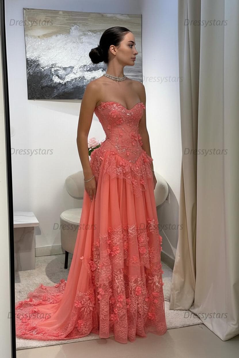 Yellow Lace A Line Prom Dress Sweetheart Lace Appliqued Formal Dress with 3D Flowers