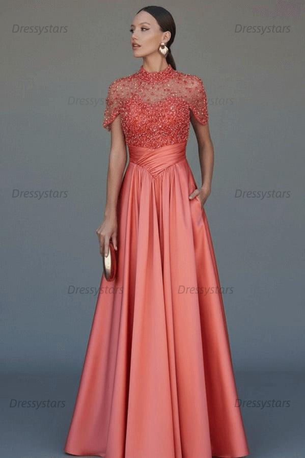 Green A Line Prom Dress Short Sleeve High Neck Formal Dress With Beadings and Rhinestones