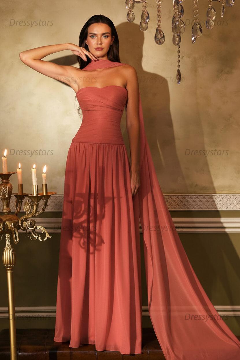 Orange A Line Prom Dress Sleeveless Strapless Formal Dress