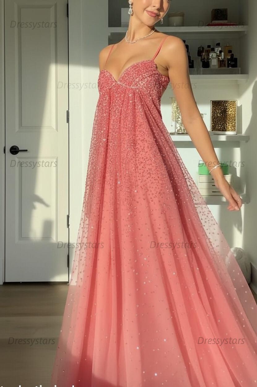 Dressystars Bling A Line Spaghetti Straps Grey Blue Long Party Dress With Beading Formal Evening Gown