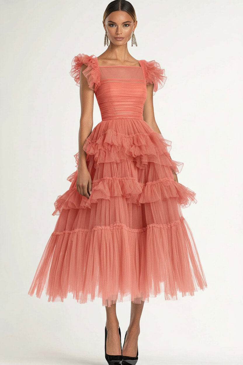 Dressystars Tea Length Black Wedding Guest Dress A-Line Flatter Sleeves Tulle Formal Dress With Ruffles