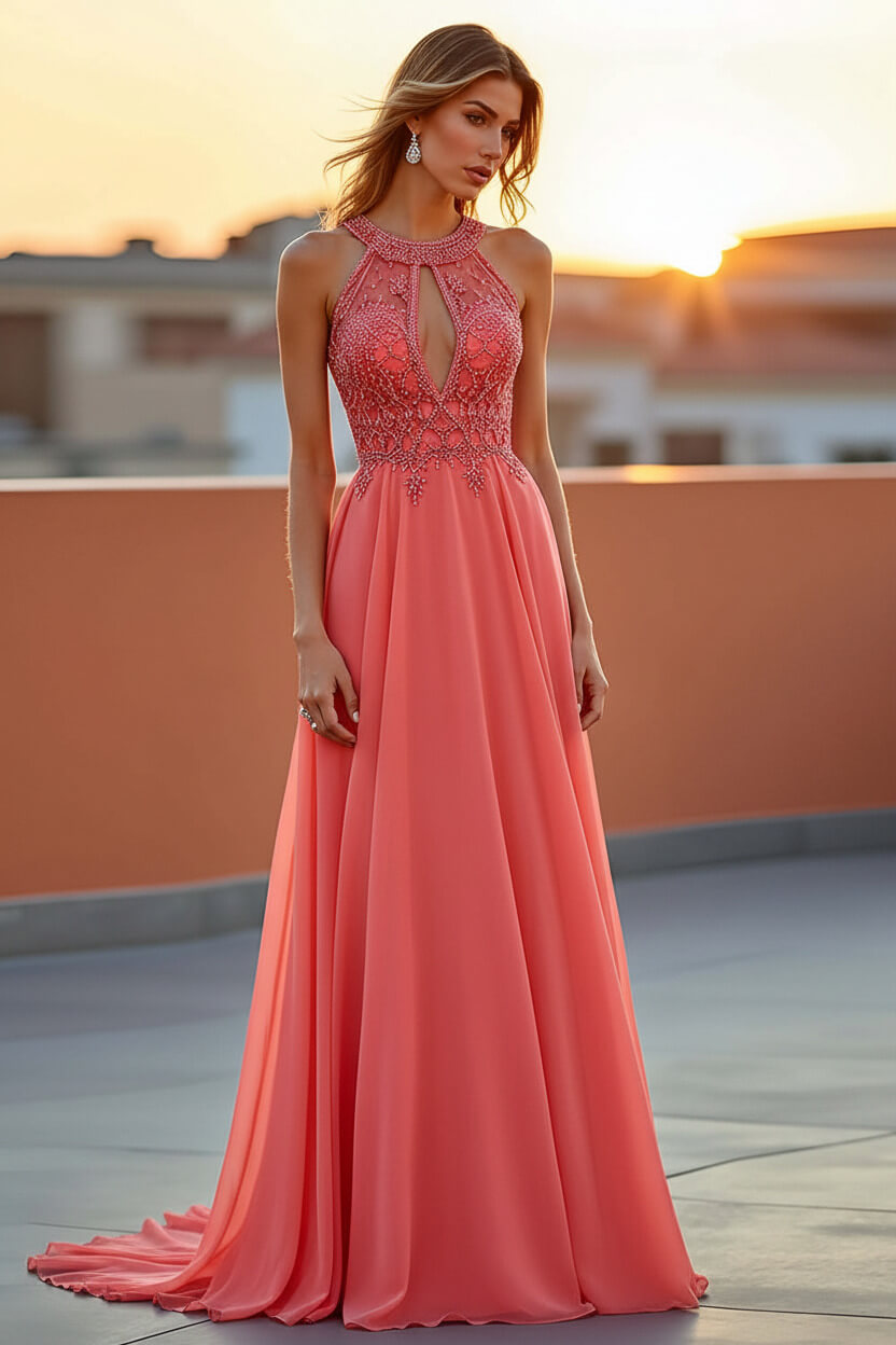 Dressystars Beaded Navy Wedding Guest Dress Halter Long Formal Dress With Embroideries