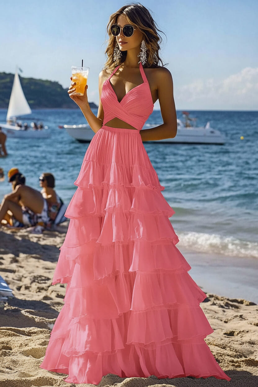 Dressystars Halter Tiered White 2 Piece Ruffled Formal Dress