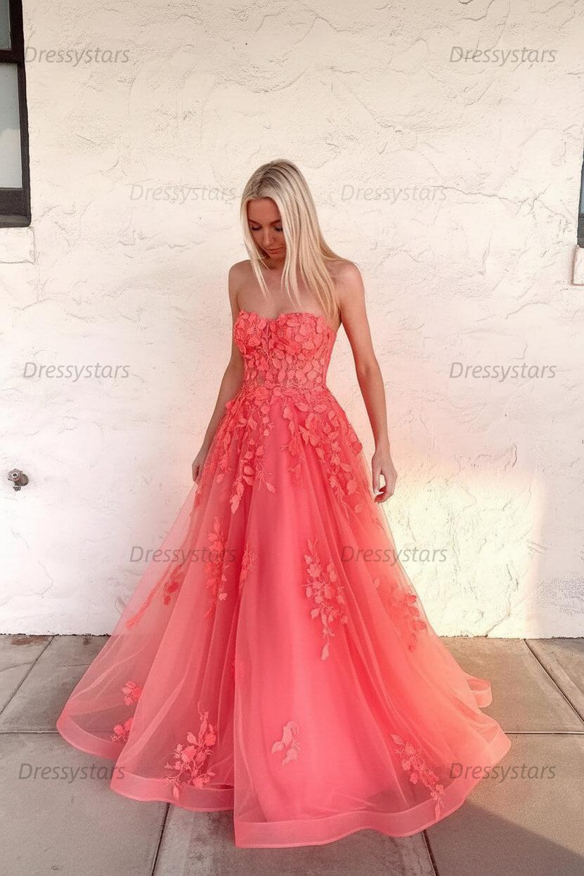 Orange Prom Dress Sweetheart Long Evening Dress with Appliques