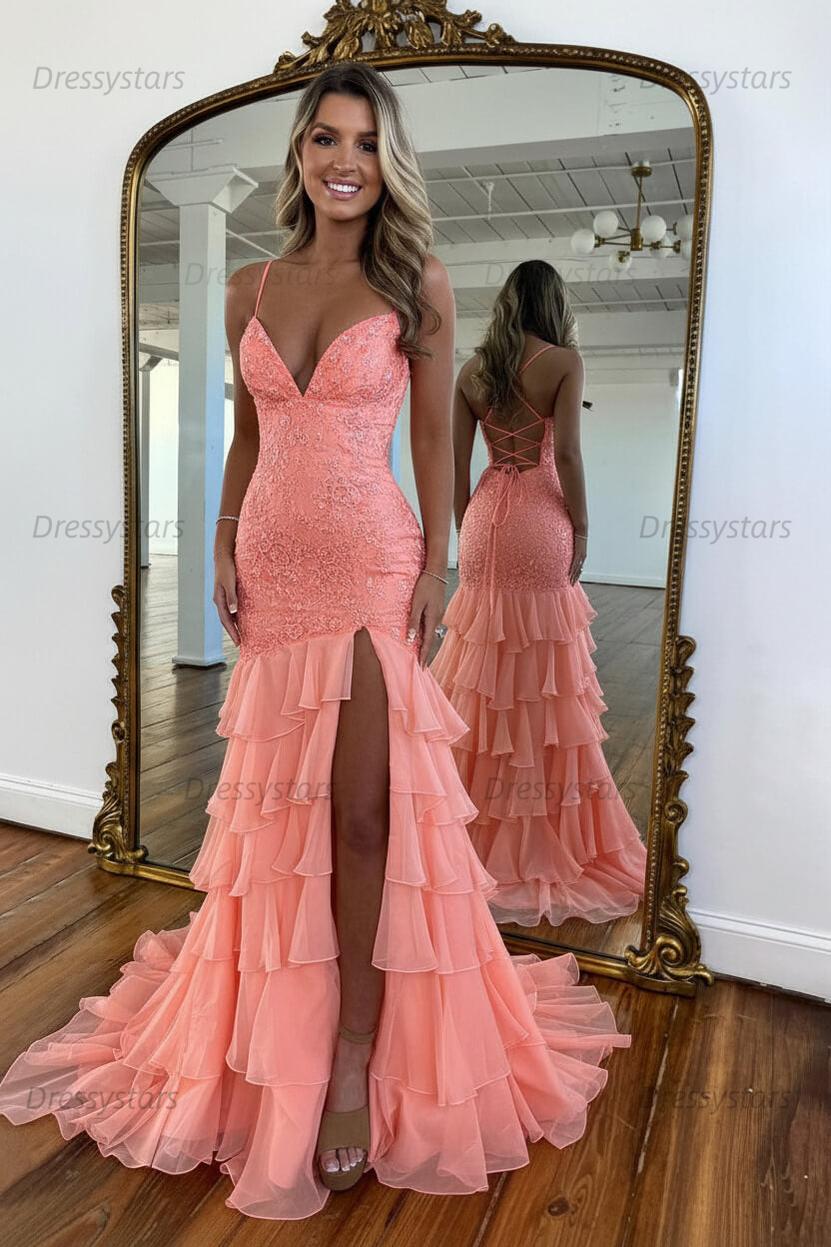 Dressystars Yellow Mermaid Spaghetti Straps Lace Up Long Prom Dress With Ruffle Skirt Formal Evening Gown