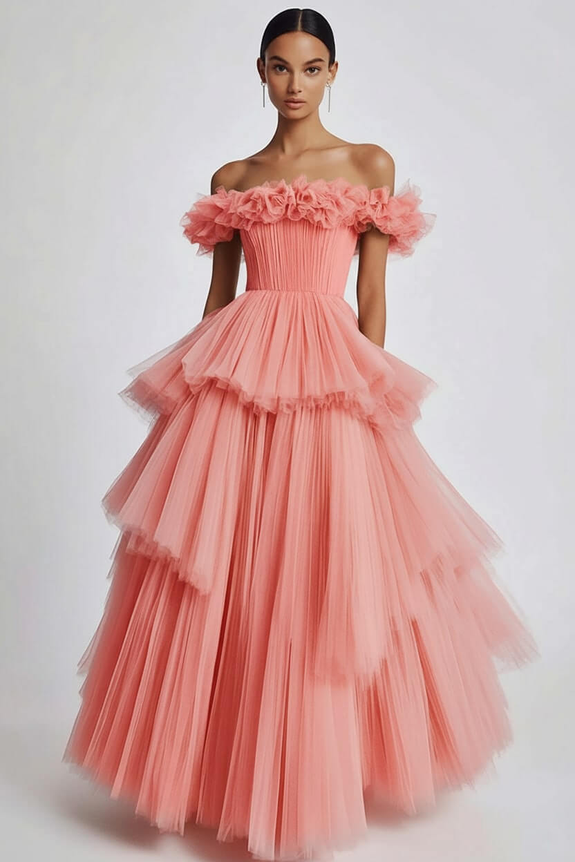 Dusty Sage Formal Dress Tulle Off The Shoulder Ball Gown Wedding Guest Dress With Ruffles