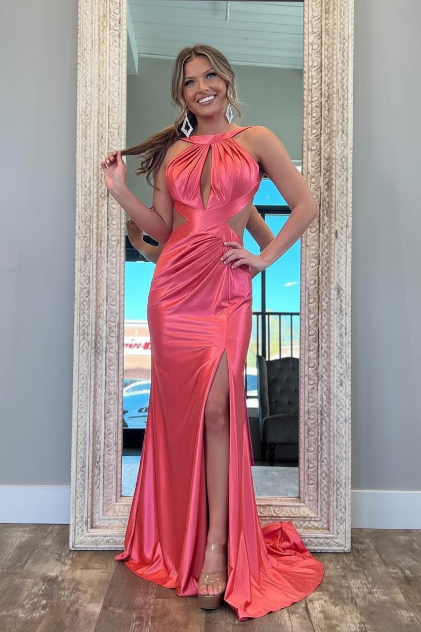 Fuchsia Metallic Mermaid Prom Dress With Slit And Open Back Formal Evening Gown
