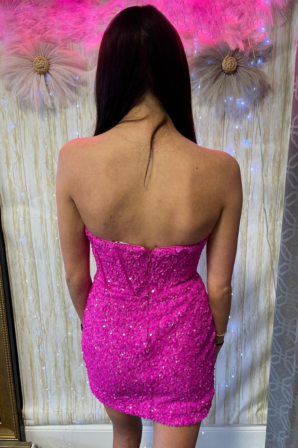 Corset Fuchsia Homecoming Dresses Sequin Tight Short Cocktail Dresses
