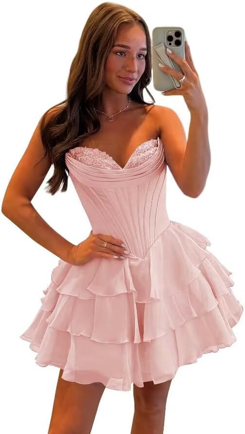 Corset Tiered A Line Homecoming Dresses Chiffon Short Cocktail Dresses