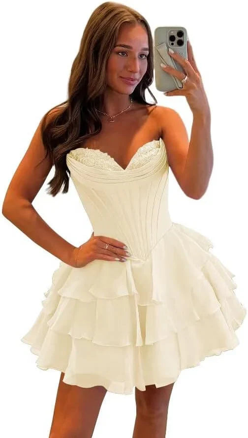 Corset Tiered A Line Homecoming Dresses Chiffon Short Cocktail Dresses