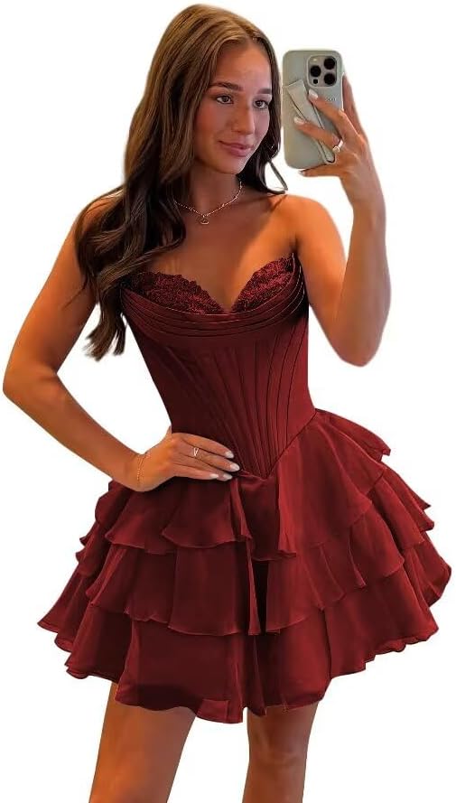 Corset Tiered A Line Homecoming Dresses Chiffon Short Cocktail Dresses