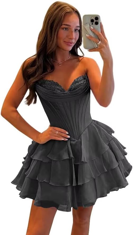 Corset Tiered A Line Homecoming Dresses Chiffon Short Cocktail Dresses