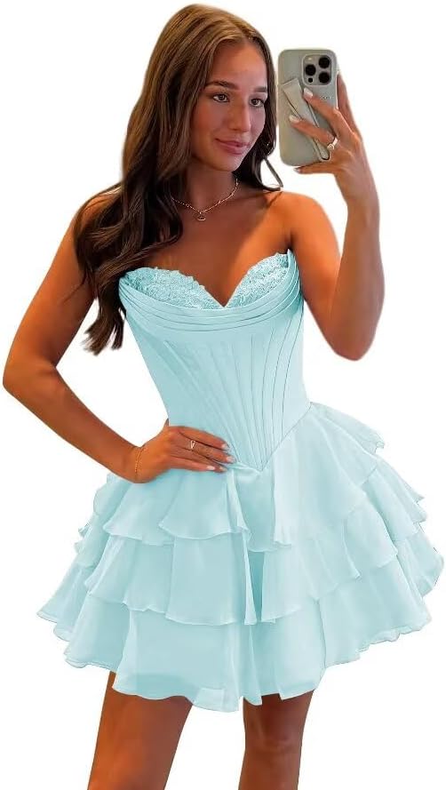 Corset Tiered A Line Homecoming Dresses Chiffon Short Cocktail Dresses