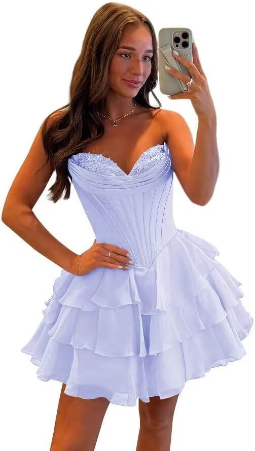 Corset Tiered A Line Homecoming Dresses Chiffon Short Cocktail Dresses