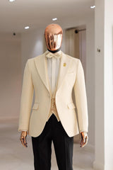 Cream White Wedding Suit Peak Lapel Stuffed Slanted Square Patterned jacquard Prom Suit
