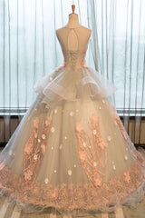 Crew Neck Prom Dress Lace Appliques Long Quinceanera Dress