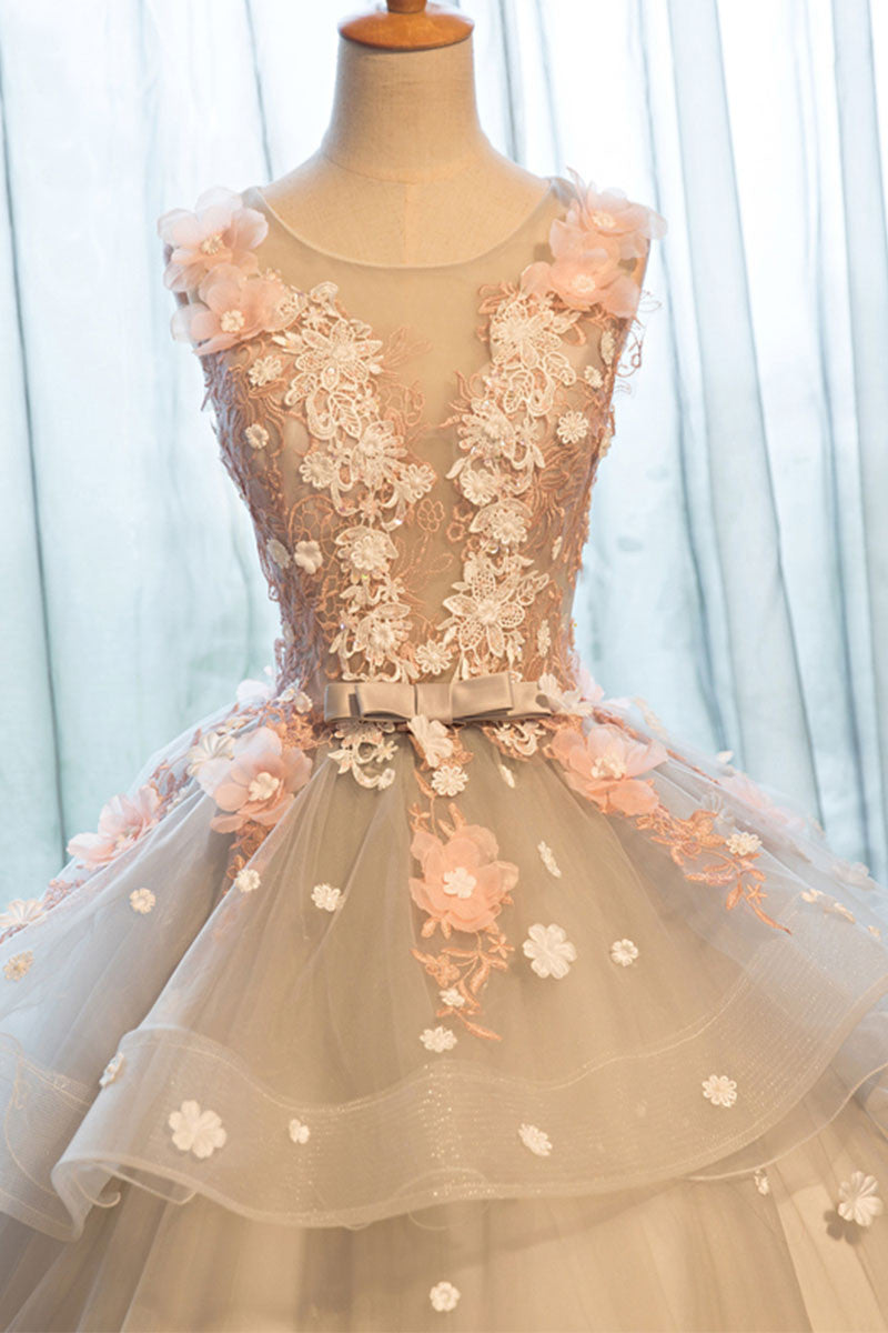 Crew Neck Prom Dress Lace Appliques Long Quinceanera Dress