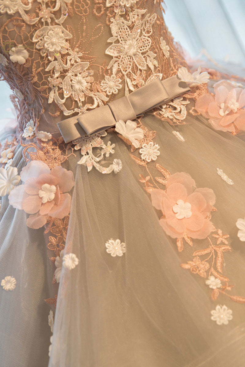 Crew Neck Prom Dress Lace Appliques Long Quinceanera Dress