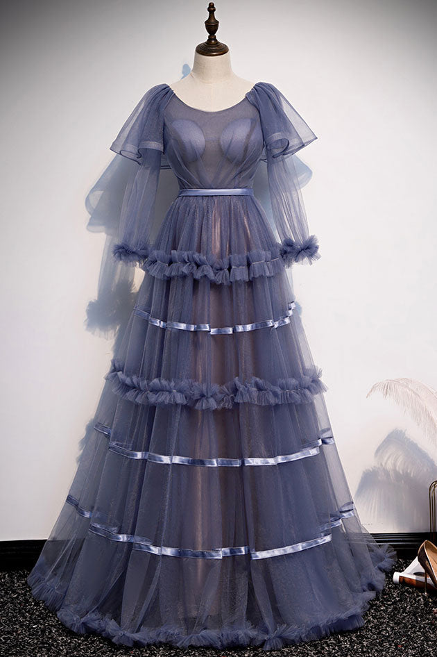 Crew Neck Prom Dress Tulle Long Evening Dress