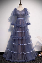 Crew Neck Prom Dress Tulle Long Evening Dress