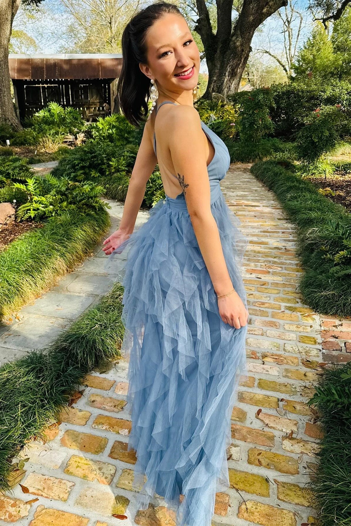 Cross Back Prom Dress Maxi Dress in Blue Evening Dress