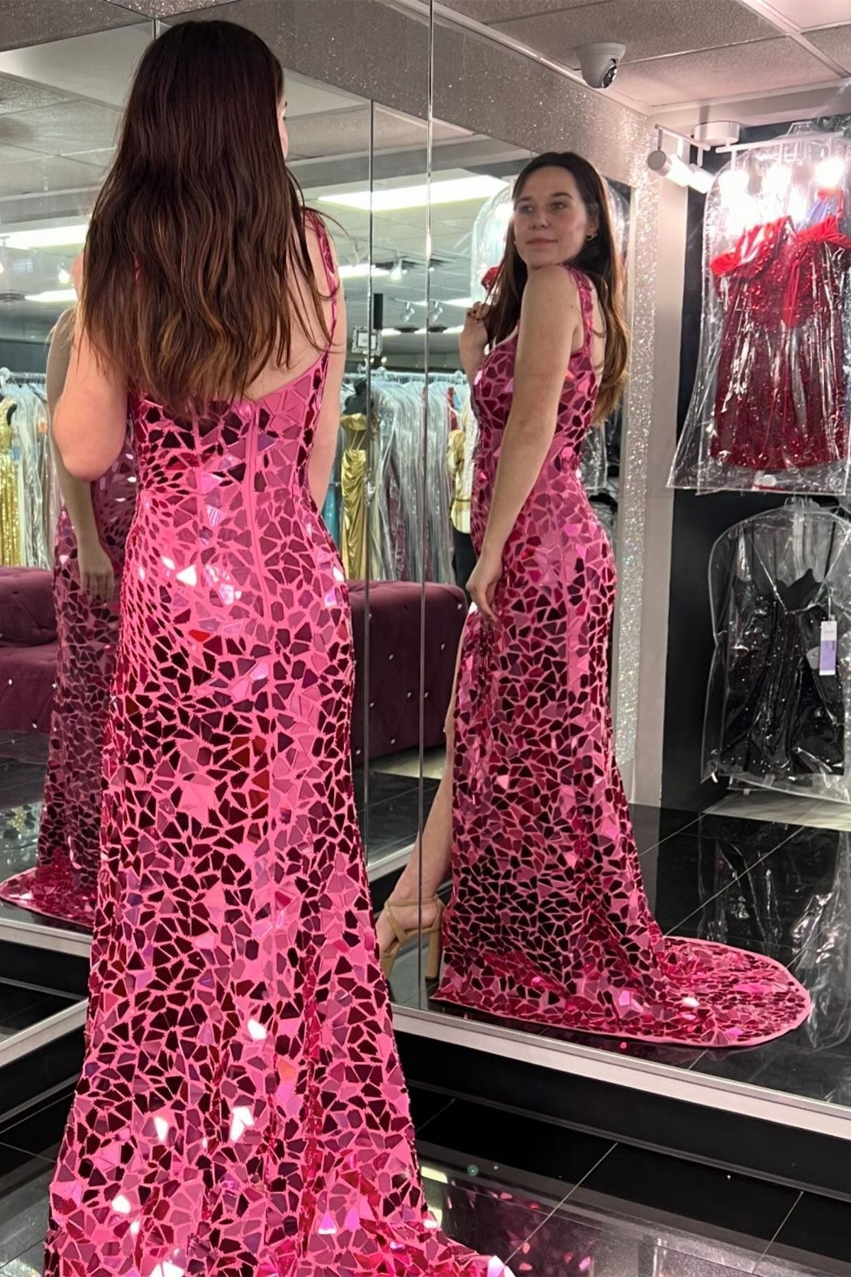 Cut Glass Mirror Prom Dress Long with Split in Pink Evening Dress