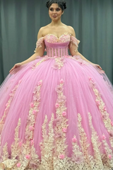 Cute Ball Gown Off Shoulder Beaded Pleated Gold Appliques Detachable Ruffles 3D Flower Sparkly Pink Tulle Quinceanera Dress Birthday Party Formal Dress For Sweet 16