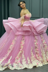 Cute Ball Gown Off Shoulder Beaded Pleated Gold Appliques Detachable Ruffles 3D Flower Sparkly Pink Tulle Quinceanera Dress Birthday Party Formal Dress For Sweet 16