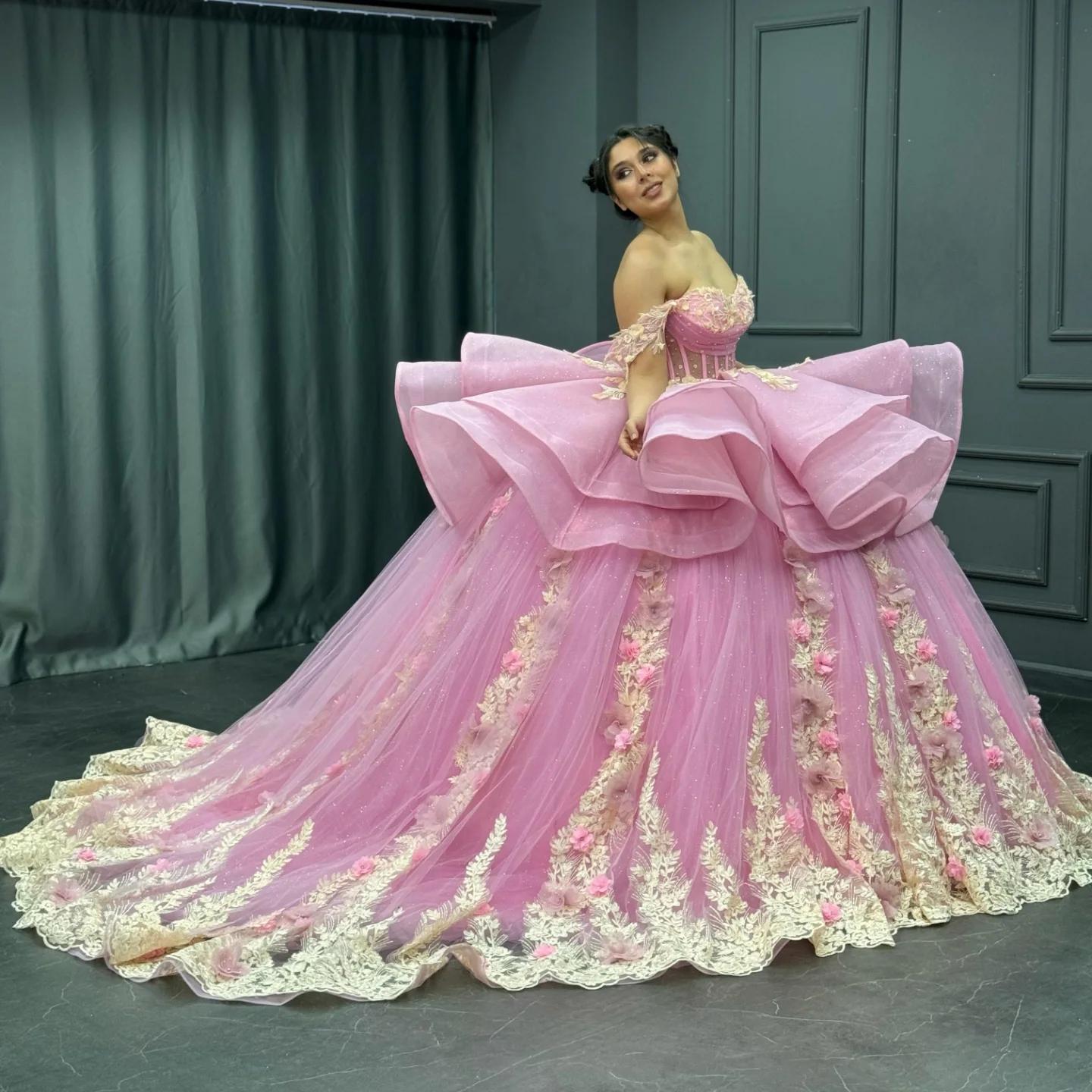 Cute Ball Gown Off Shoulder Beaded Pleated Gold Appliques Detachable Ruffles 3D Flower Sparkly Pink Tulle Quinceanera Dress Birthday Party Formal Dress For Sweet 16