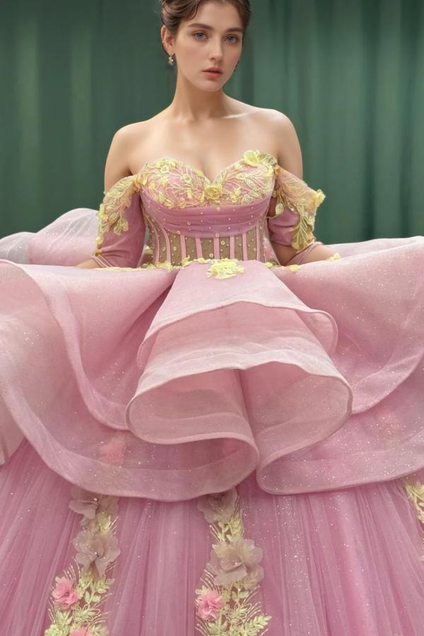 Cute Ball Gown Off Shoulder Beaded Pleated Gold Appliques Detachable Ruffles 3D Flower Sparkly Pink Tulle Quinceanera Dress Birthday Party Formal Dress For Sweet 16