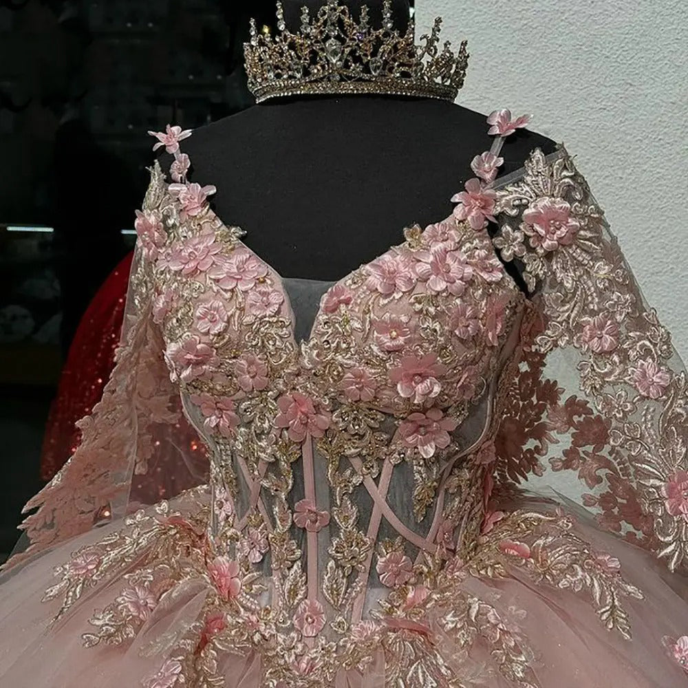 Cute & Chic Ball Gown Off Shoulder Long Sleeves 3D Flowers Lace Appliques Beaded Pink Tulle Quinceanera Dress Princess Evening Party Dress For Sweet 16