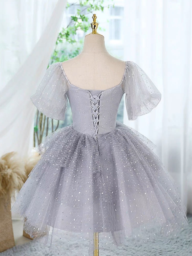 Cute Homecoming Dress A Line Tulle Lace Gray Short Party Cocktail Dress