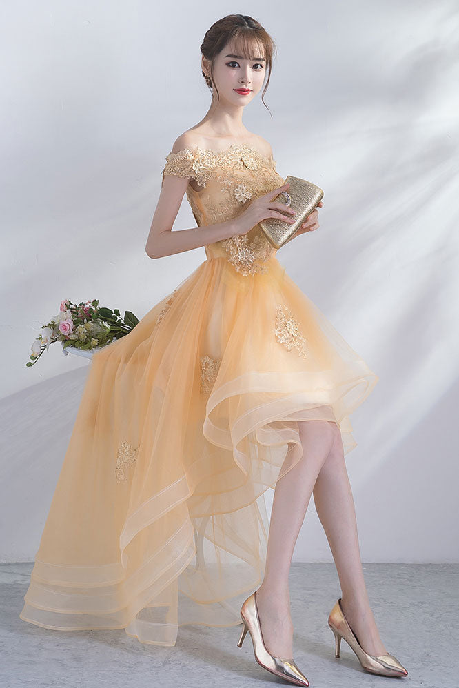 Cute Homecoming Dress Champagne Tulle High Low Short Party Cocktail Dress