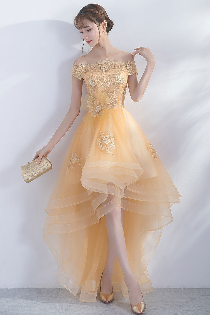 Cute Homecoming Dress Champagne Tulle High Low Short Party Cocktail Dress