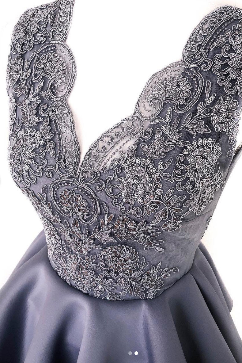 Cute Homecoming Dress Lace V Neck Gray Short Party Cocktail Dress