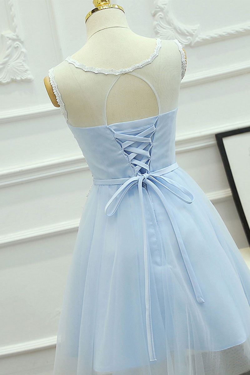 Cute Homecoming Dress Round Neck Lace Tulle Blue Short Party Cocktail Dress