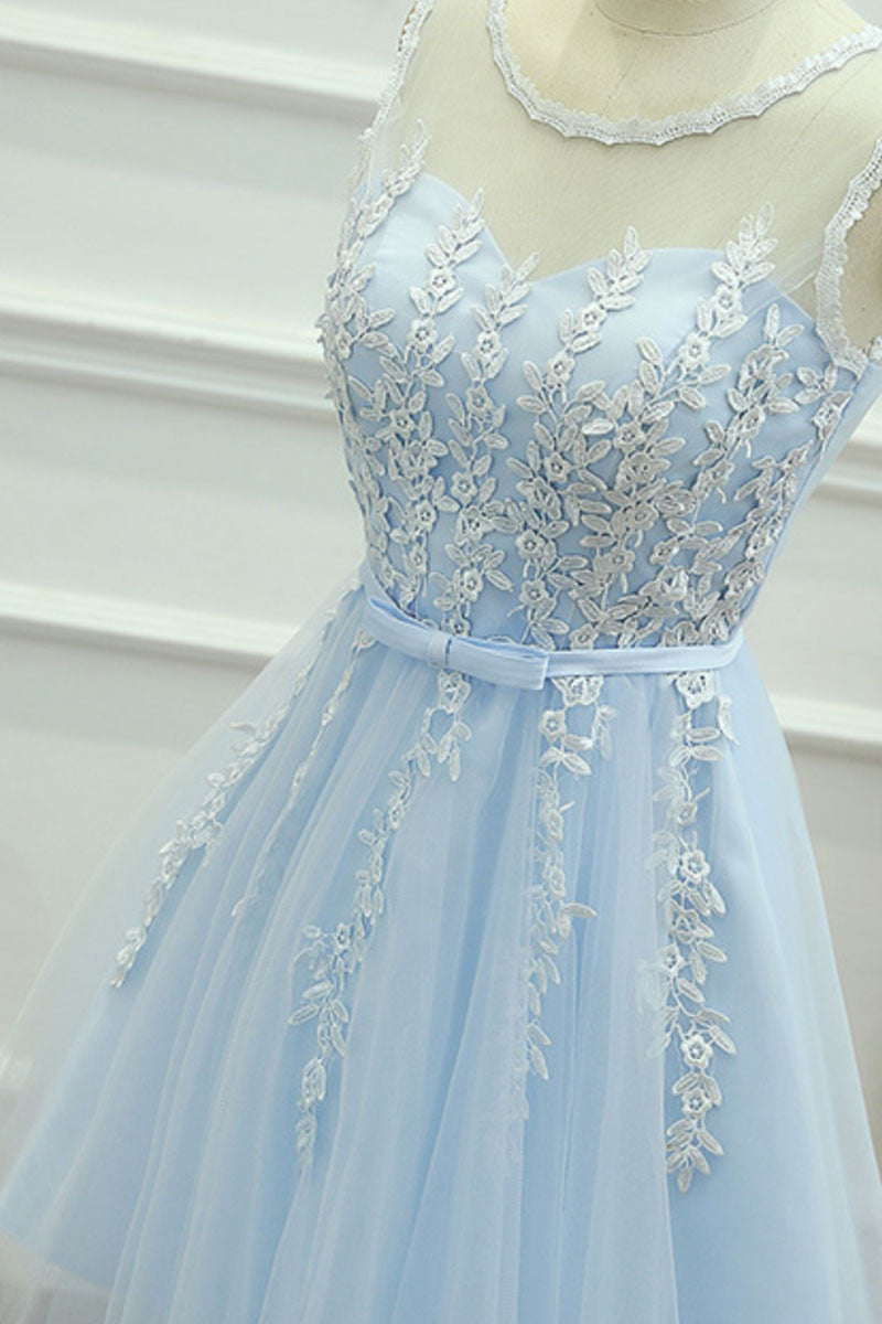 Cute Homecoming Dress Round Neck Lace Tulle Blue Short Party Cocktail Dress