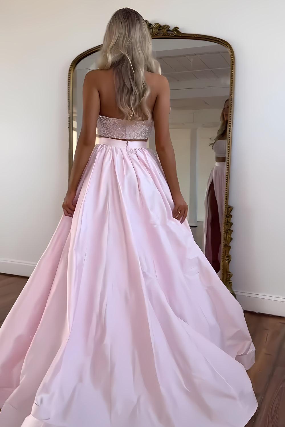 Pink Strapless Beaded Top Long Satin Prom Dress With Slit Formal Evening Gown