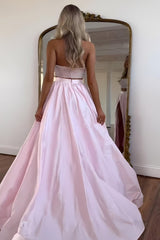 Pink Strapless Beaded Top Long Satin Prom Dress With Slit Formal Evening Gown