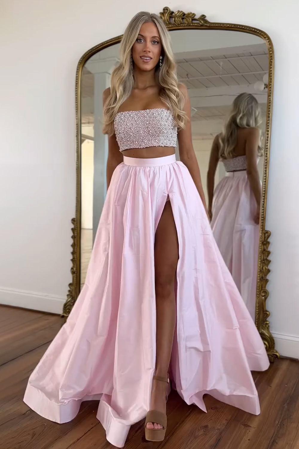 Pink Strapless Beaded Top Long Satin Prom Dress With Slit Formal Evening Gown