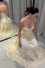 Yellow A Line Prom Dress Sleeveless Sweetheart Formal Dress With Lace Appliques