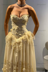Yellow A Line Prom Dress Sleeveless Sweetheart Formal Dress With Lace Appliques