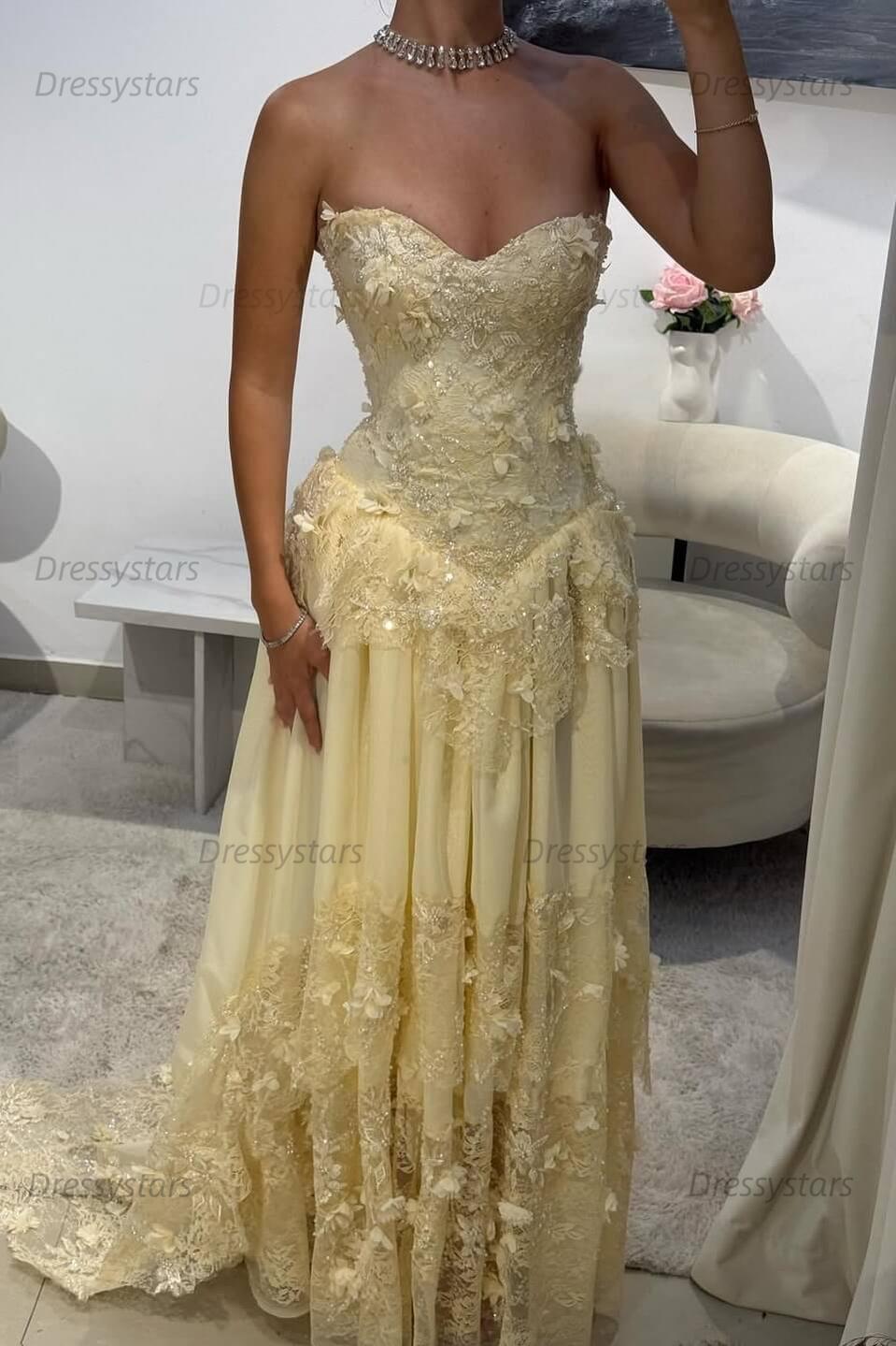 Yellow A Line Prom Dress Sleeveless Sweetheart Formal Dress With Lace Appliques