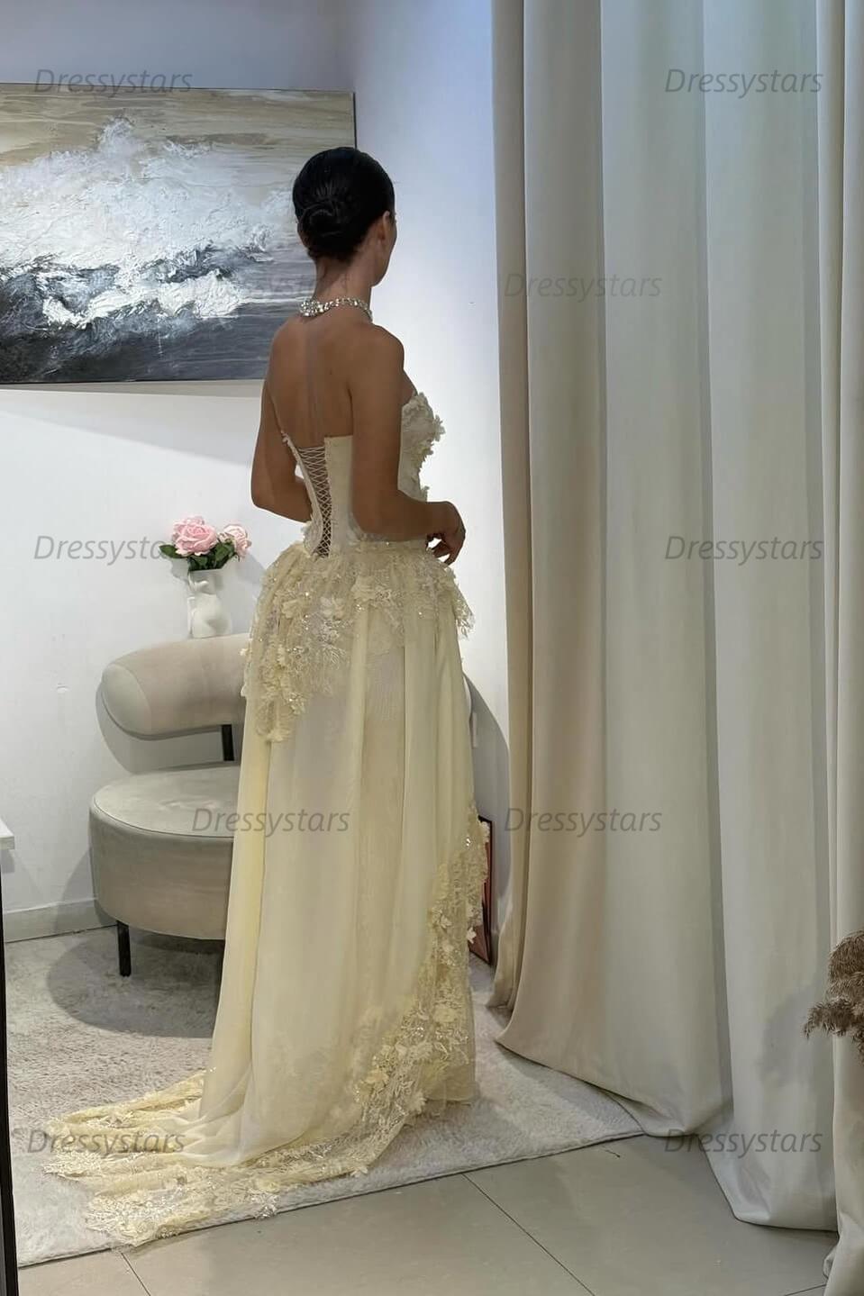 Yellow A Line Prom Dress Sleeveless Sweetheart Formal Dress With Lace Appliques