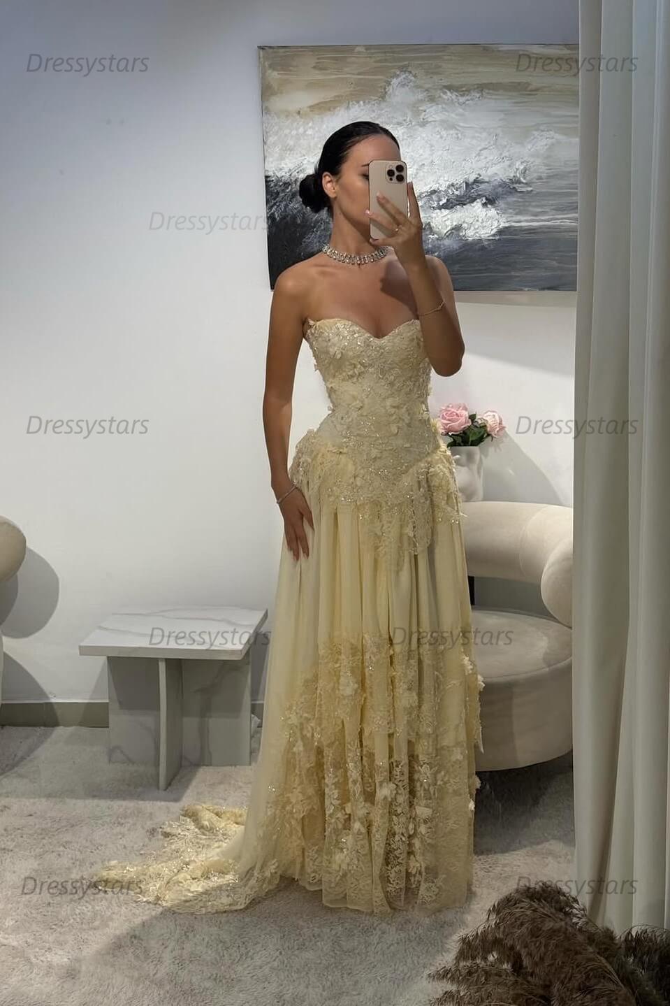 Yellow A Line Prom Dress Sleeveless Sweetheart Formal Dress With Lace Appliques